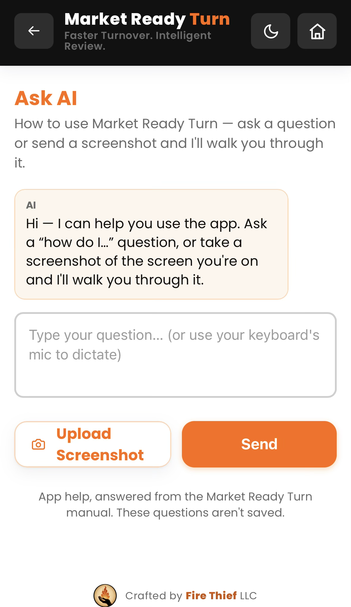 The Ask AI screen in Market Ready Turn — type a question or upload a screenshot of the screen you're on, and it walks you through what to do next.