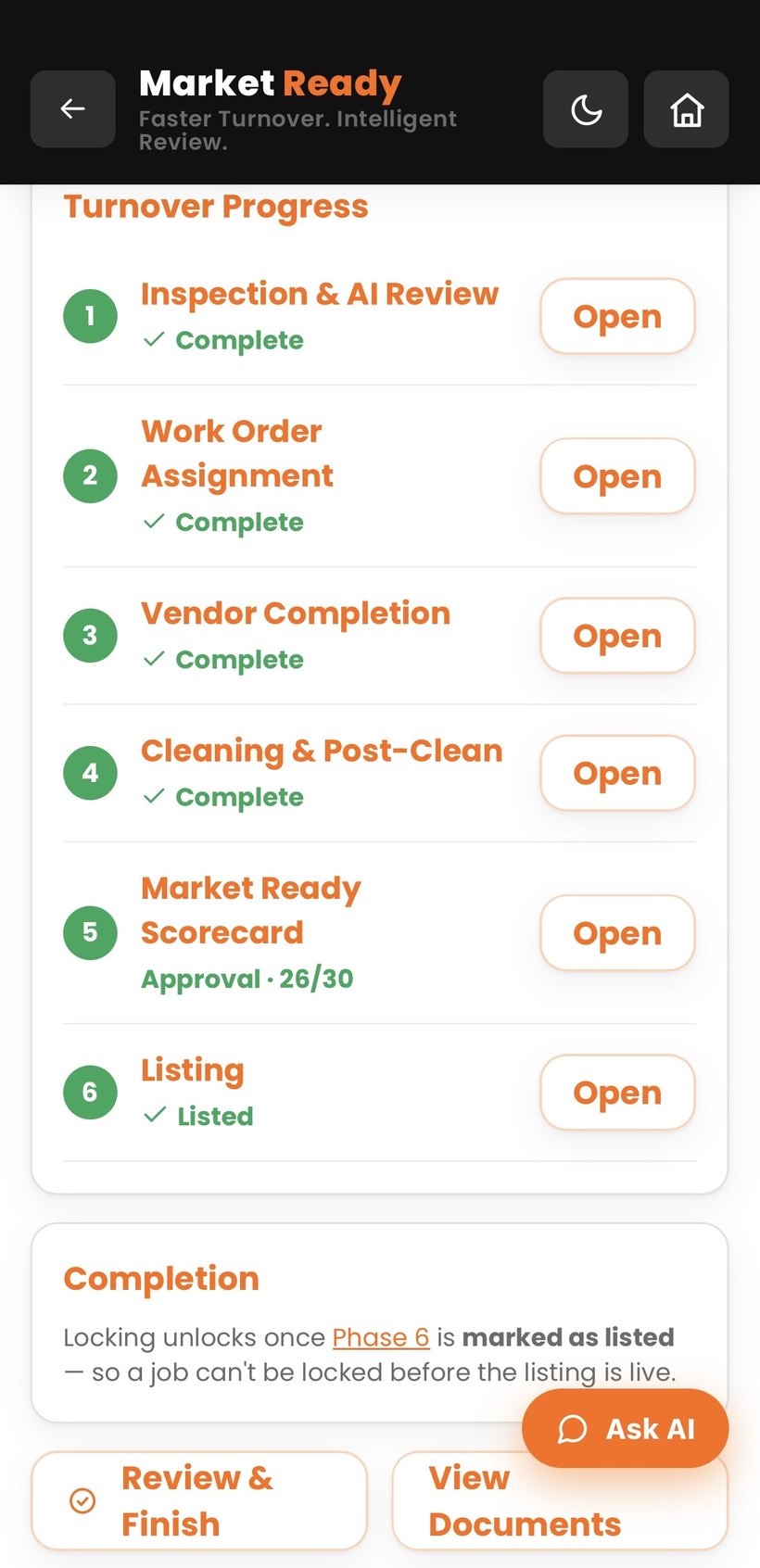 Market Ready Turn app — a unit turnover with all six phases complete and an Approval scorecard