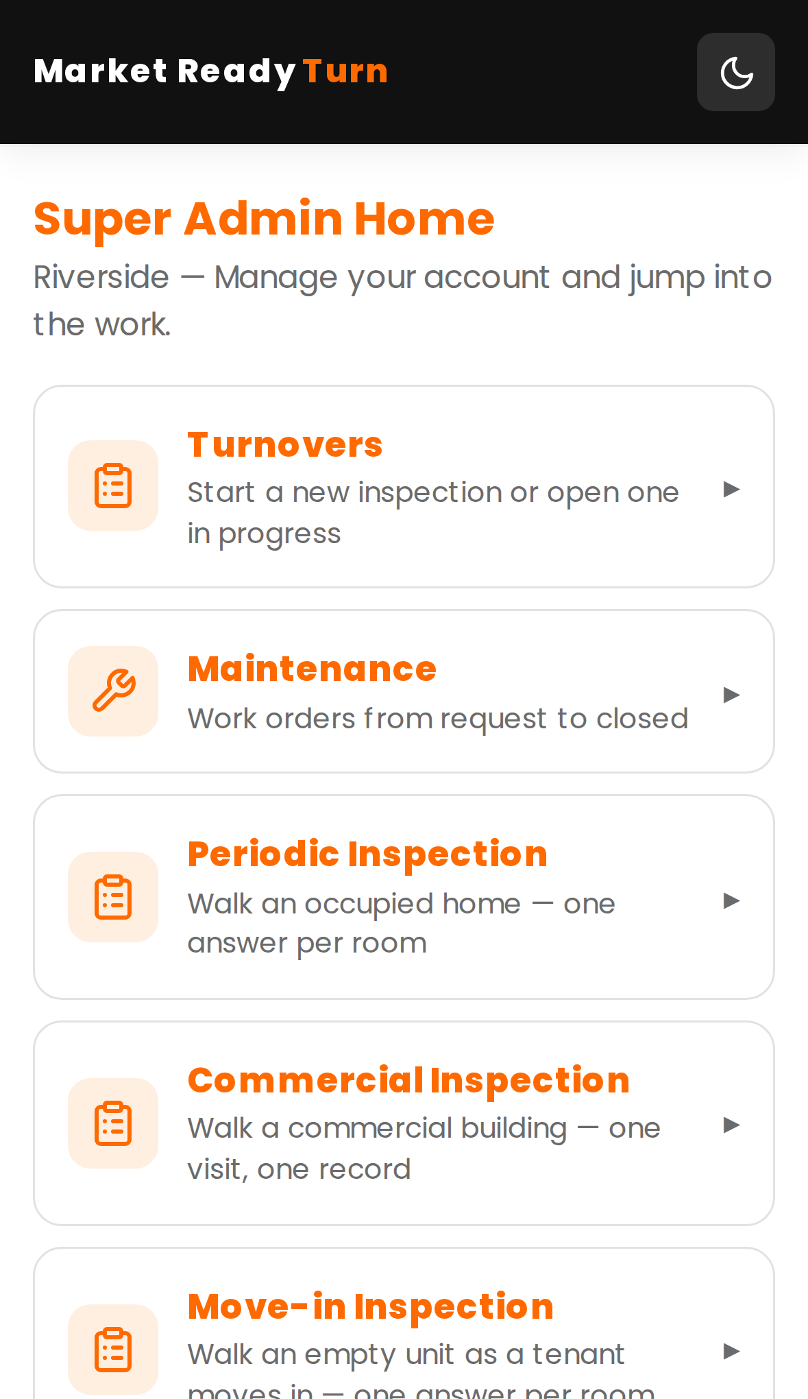 The Market Ready Turn app home hub