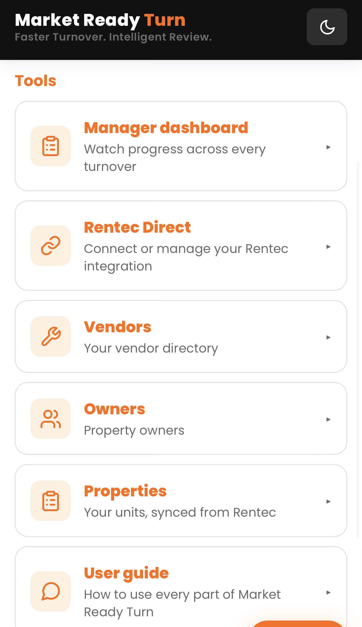 The Market Ready Turn app home hub, connected to Rentec Direct