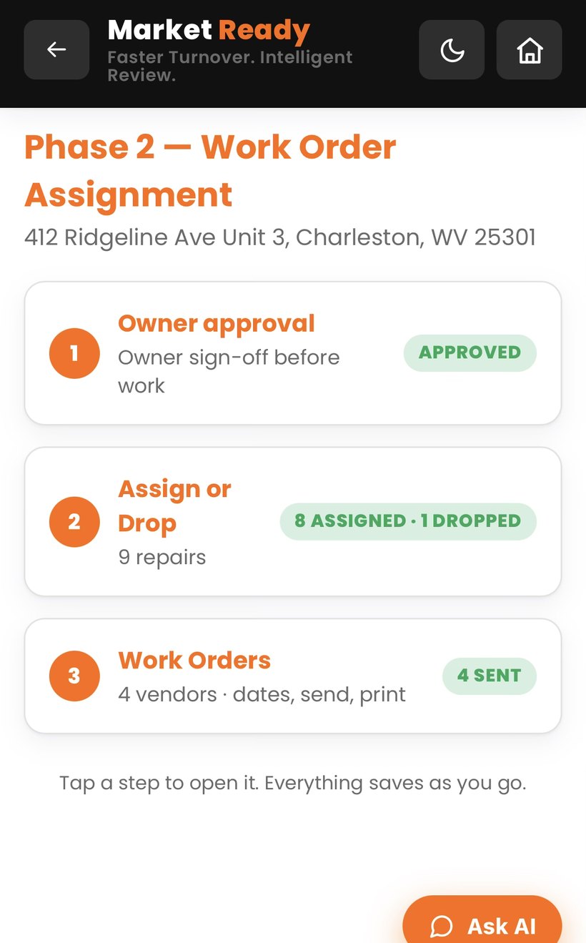 Market Ready Turn app — Phase 2 work-order assignment, owner approval, and vendor status